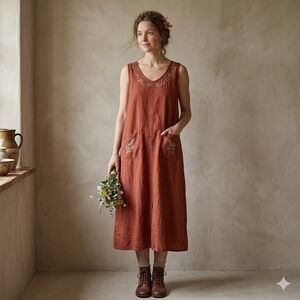 Brett Alixander Maxi Dress Womens 16 Rust Orange Embroidered Cotton Linen Boho